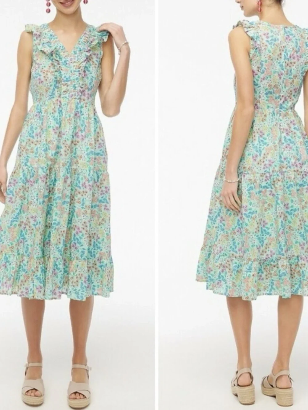 J. Crew V-Neck Smocked Tiered Midi Dress Green Floral Women’s 10 BQ045
